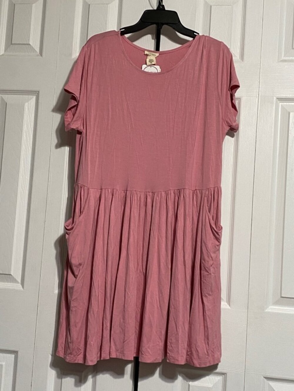 Dusty Pink Short Sleeve Babydoll Swing Dress With Pockets